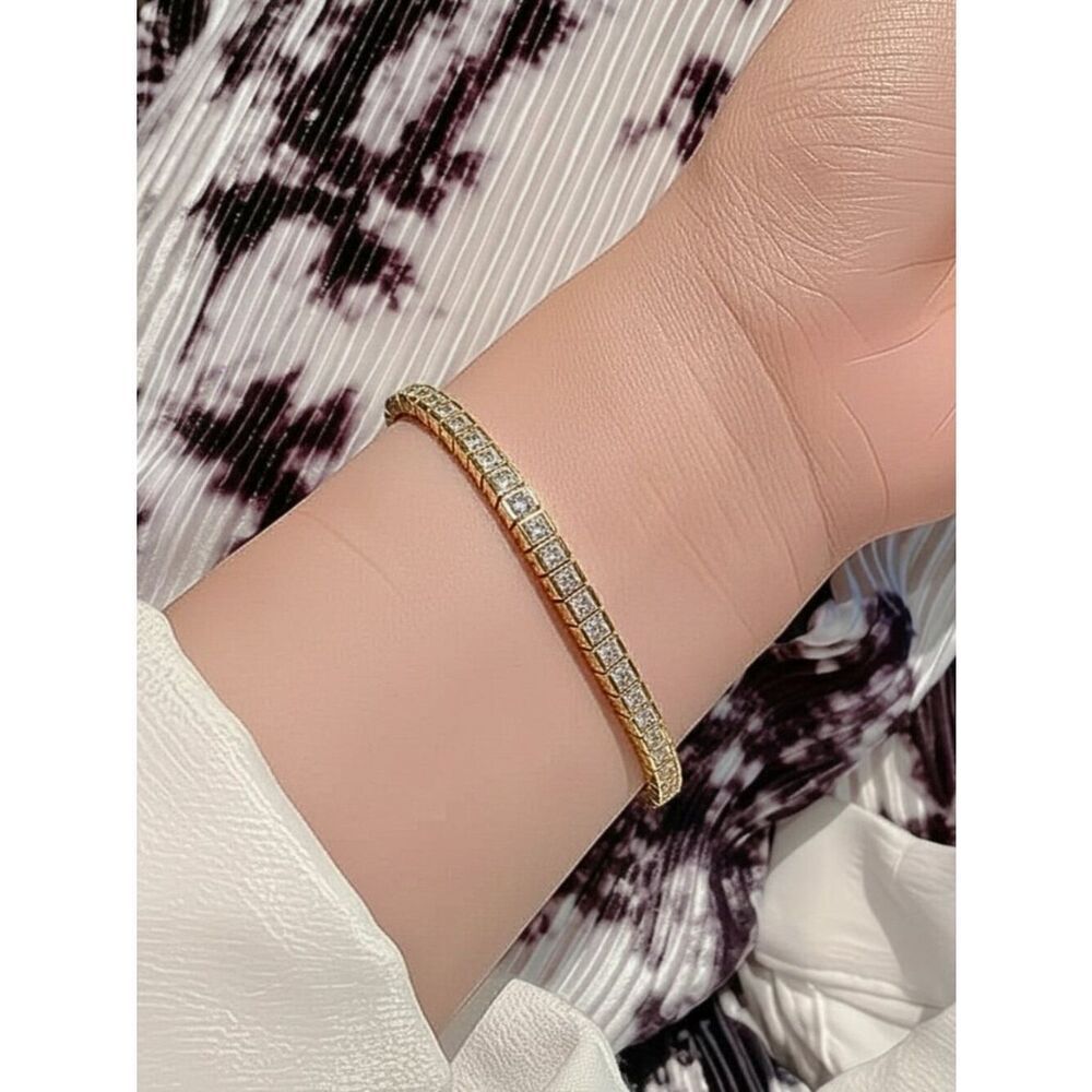 Square Tennis Bracelet 3mm CZs Fade-Resistant Gold Plate 7-inch